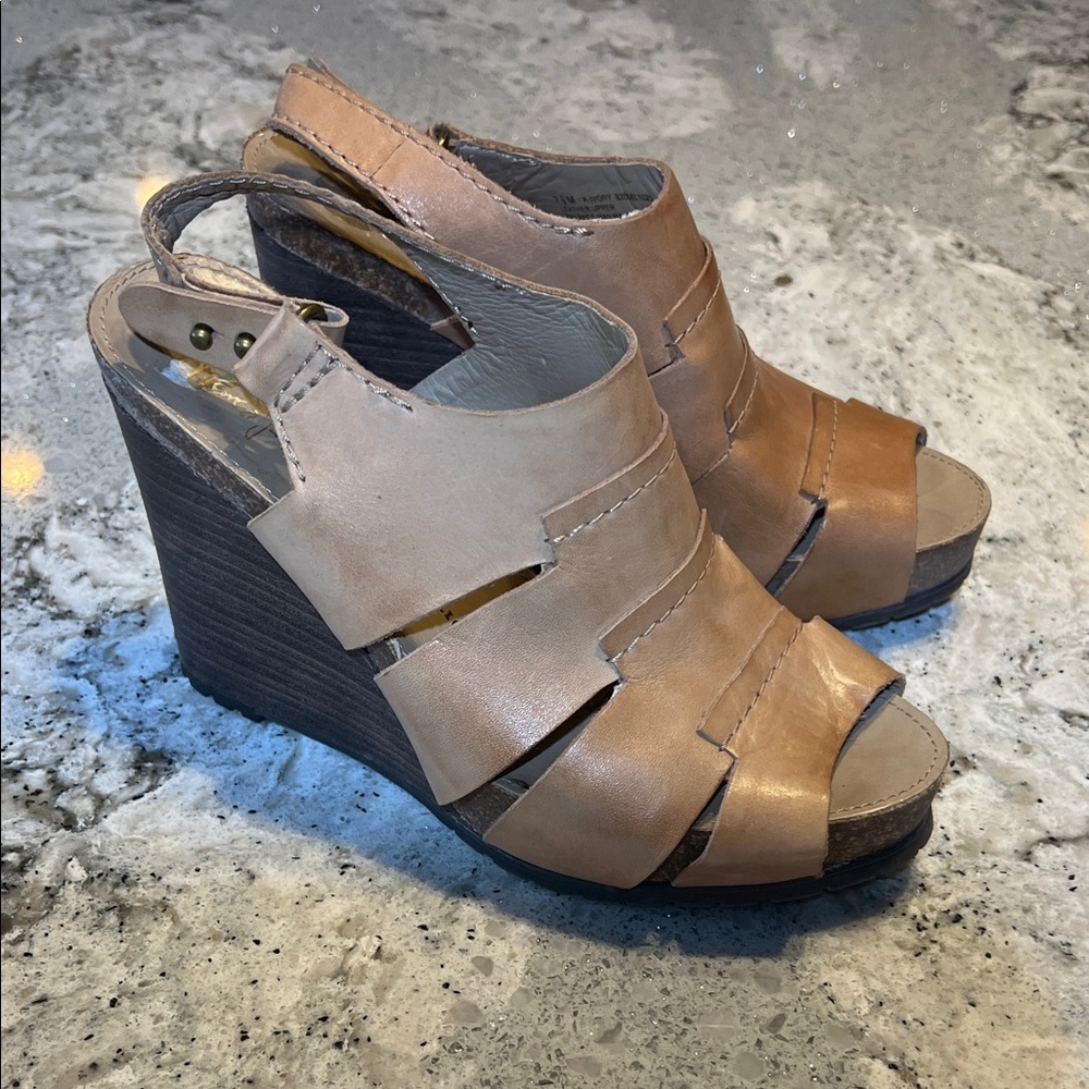 Franco Sarto Brown Leather Wedge Sandals Size 7.5